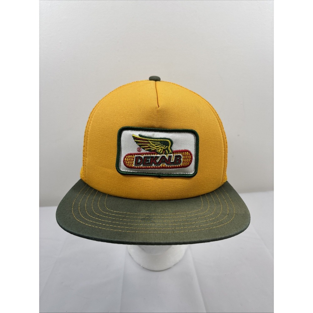 Vintage Dekalb‎ K-Products Trucker Hat Agriculture Yellow Farm Cap w/ Patch